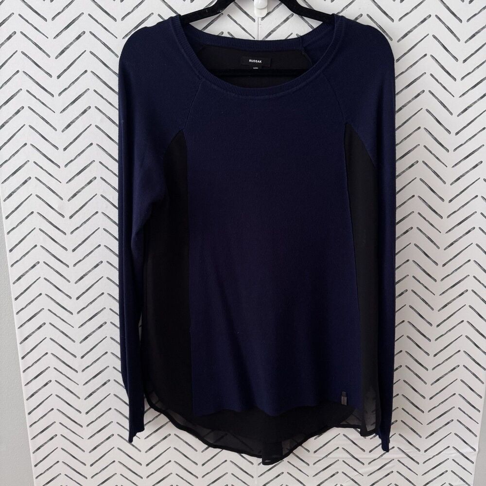 RUDSAK Dionne Sweater Navy Blue Sheer Sides Size Medium Business Casual Chic‎
